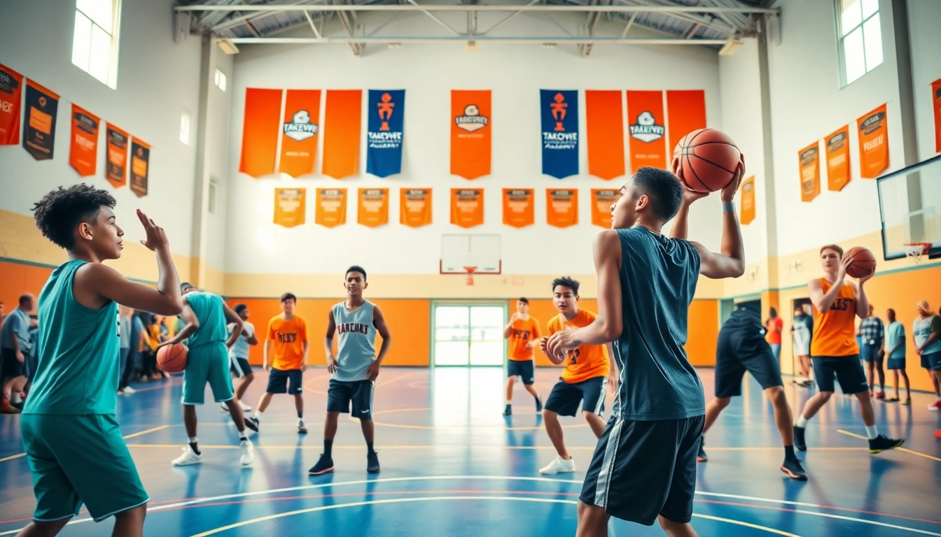 Young athletes training intensely at Takeover Basketball Academy, showcasing their skills and teamwork.