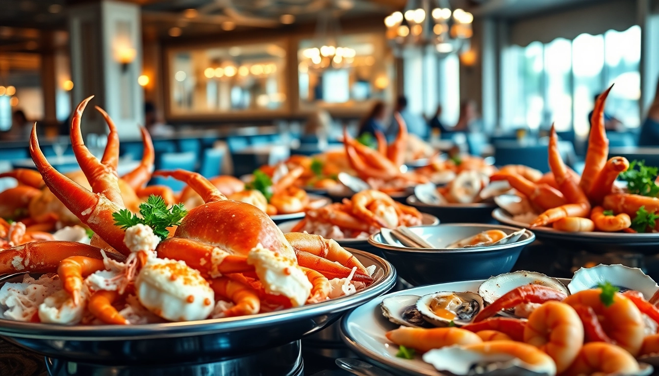 Indulge in Seafood Buffets near me featuring fresh crab legs and shrimp in a lavish dining setup.