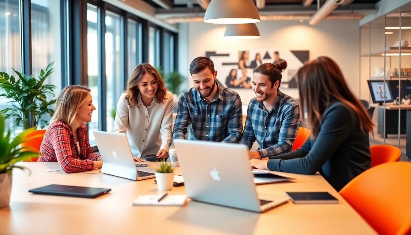 Engage with 美洽官网 team in a vibrant office environment, showcasing collaboration and digital marketing tools.