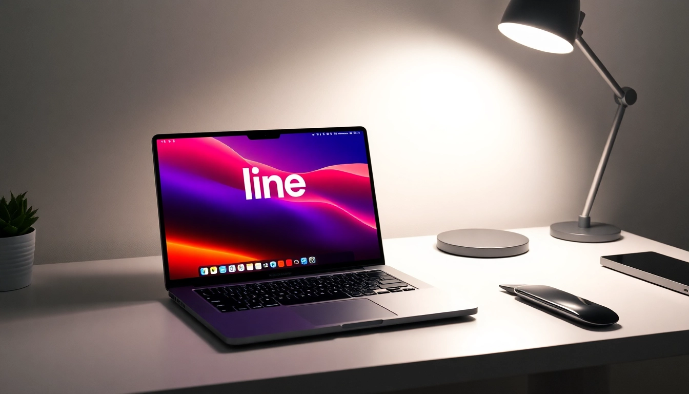 Showcase the line电脑版下载 application on a stylish laptop with a modern workspace backdrop.