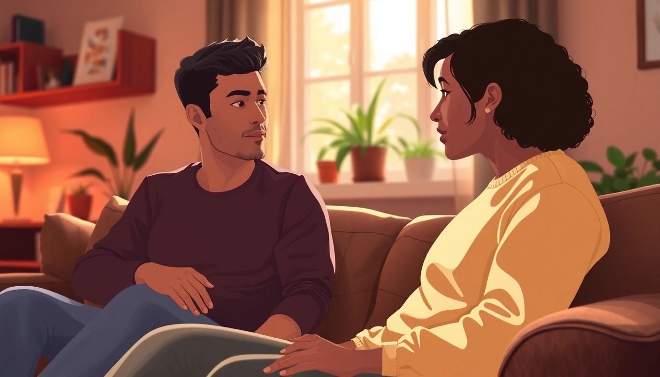 Couple communicating openly in relationships during a cozy conversation in their living room.