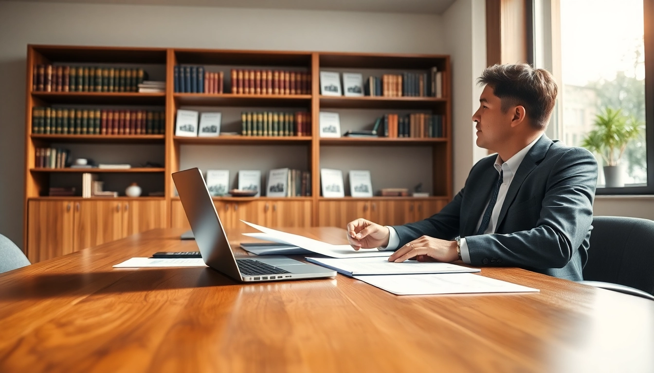 Real estate lawyer consulting with a client at a modern office desk filled with legal documents.
