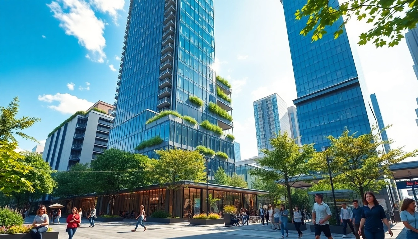 Visualisierung Architektur: Dynamische 3D-Darstellung eines zeitgenössischen Hochhauses in der Stadt.