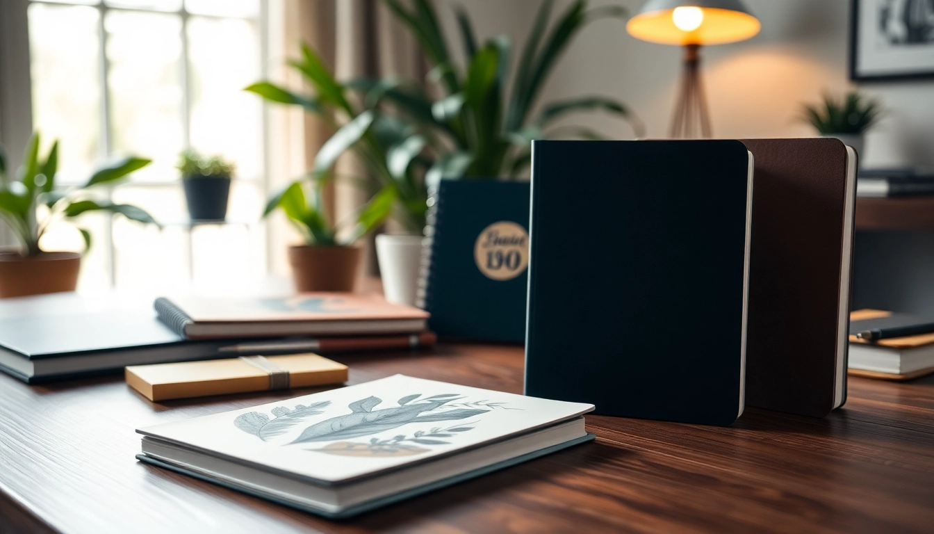 Showcasing custom notebooks with unique designs on a stylish desk