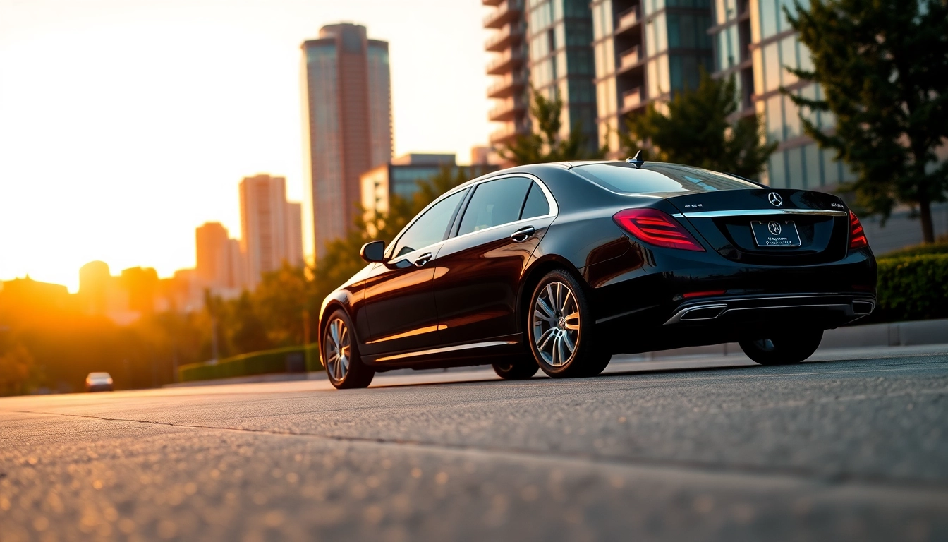 Book a premium car service Vancouver with a stylish black vehicle against a vibrant skyline.