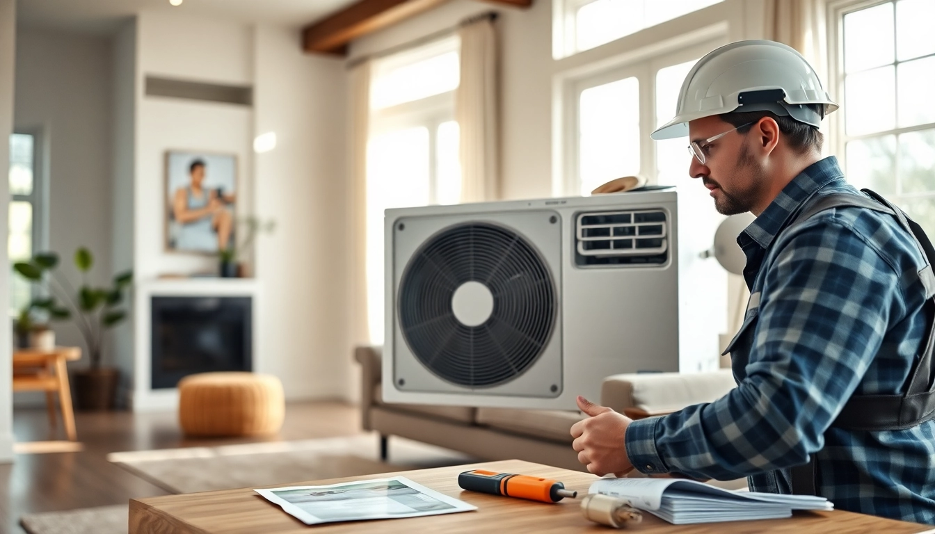 Ductless mini split installation Nashville: HVAC technician installing a mini split unit in a stylish home.