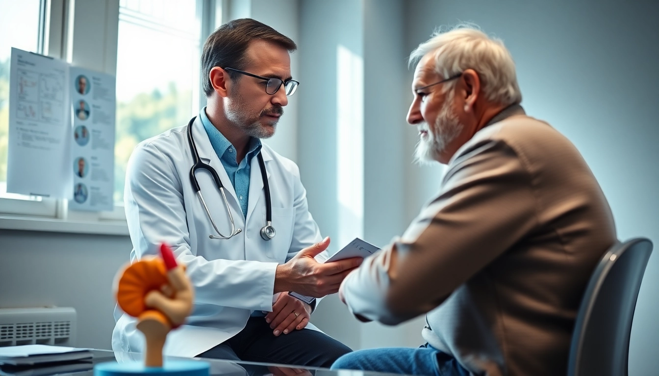 Rheuma-Beratungen zwischen einem Arzt und einem Patienten mit einem anatomischen Modell.