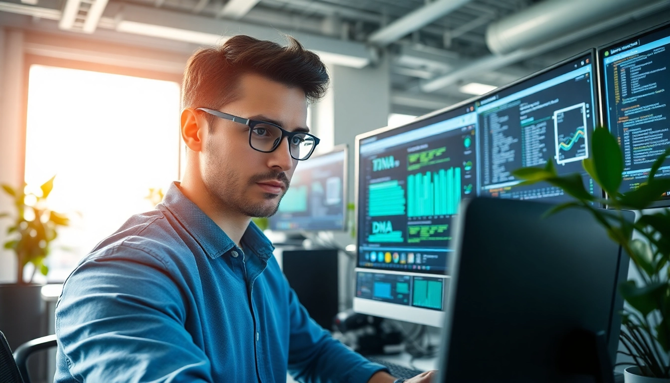 Engineer examining dma firmware data on a computer screen in a technical office.