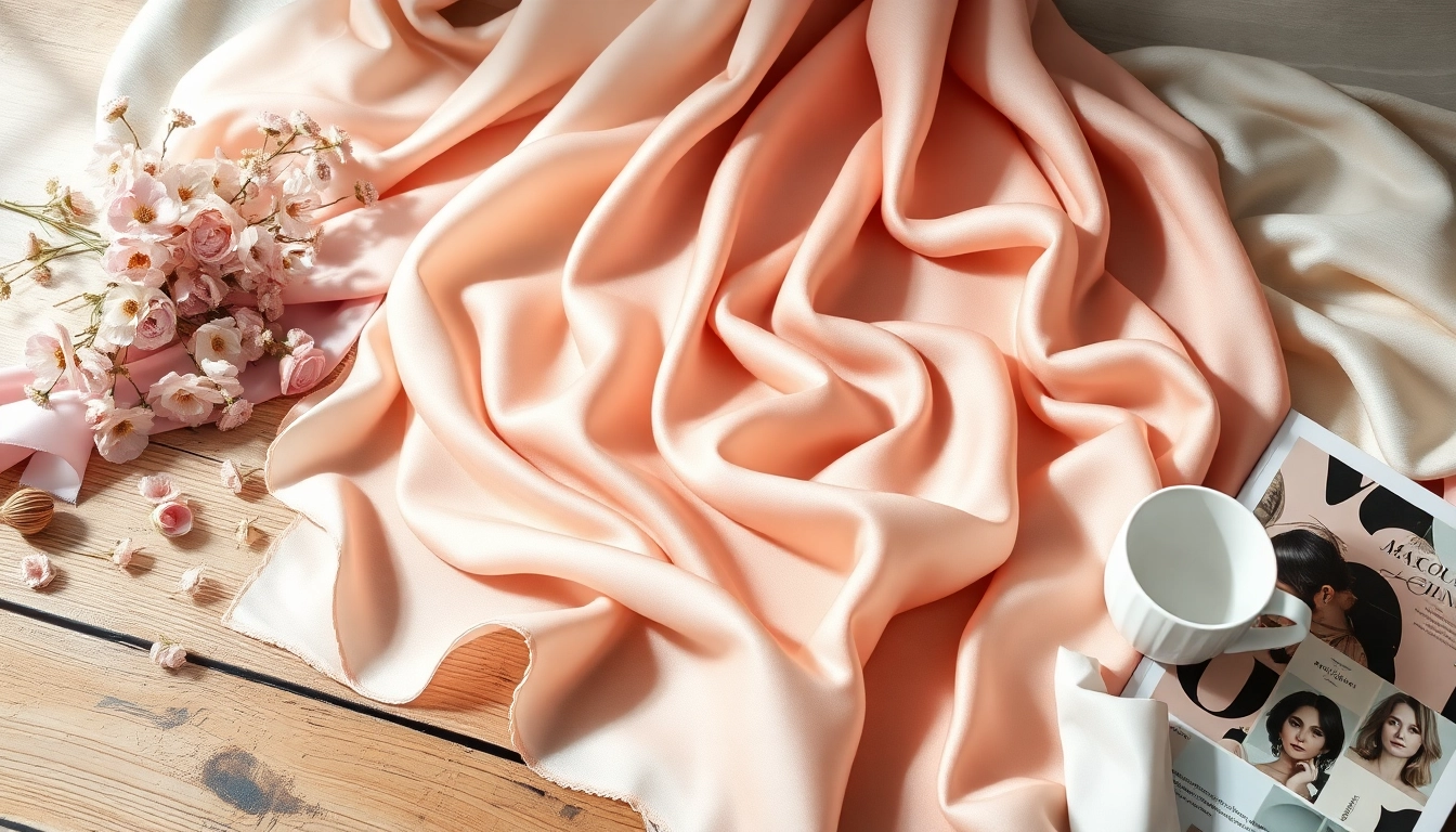 Stylish silk scarves for women artfully arranged on a table with flowers and soft fabrics.