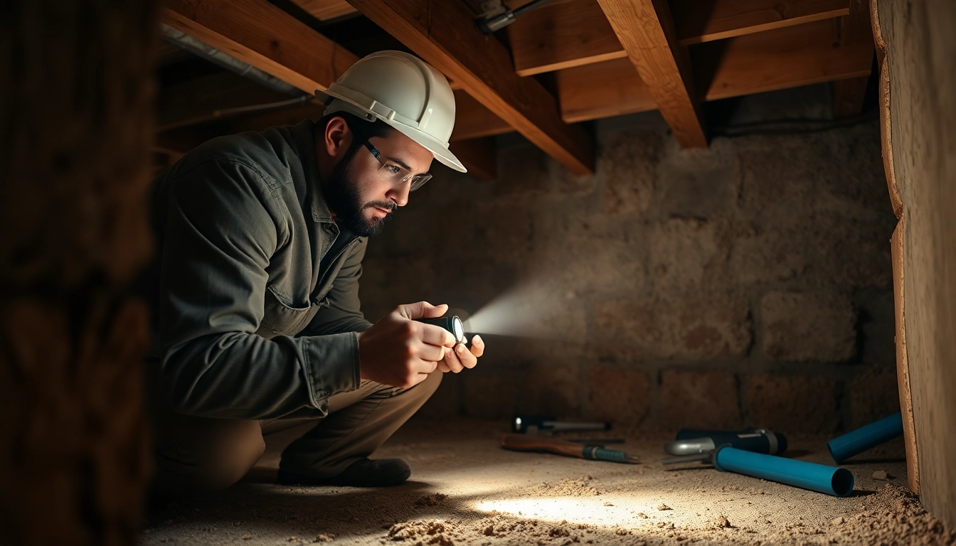 Inspecting for termite infestations in a home's basement during termite inspections.