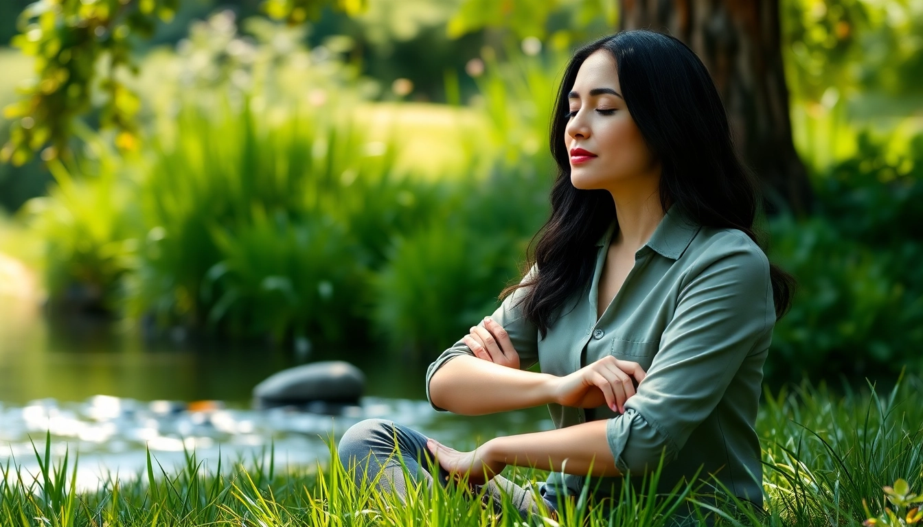 Woman practicing mindfulness for dealing with stress in a peaceful outdoor setting.