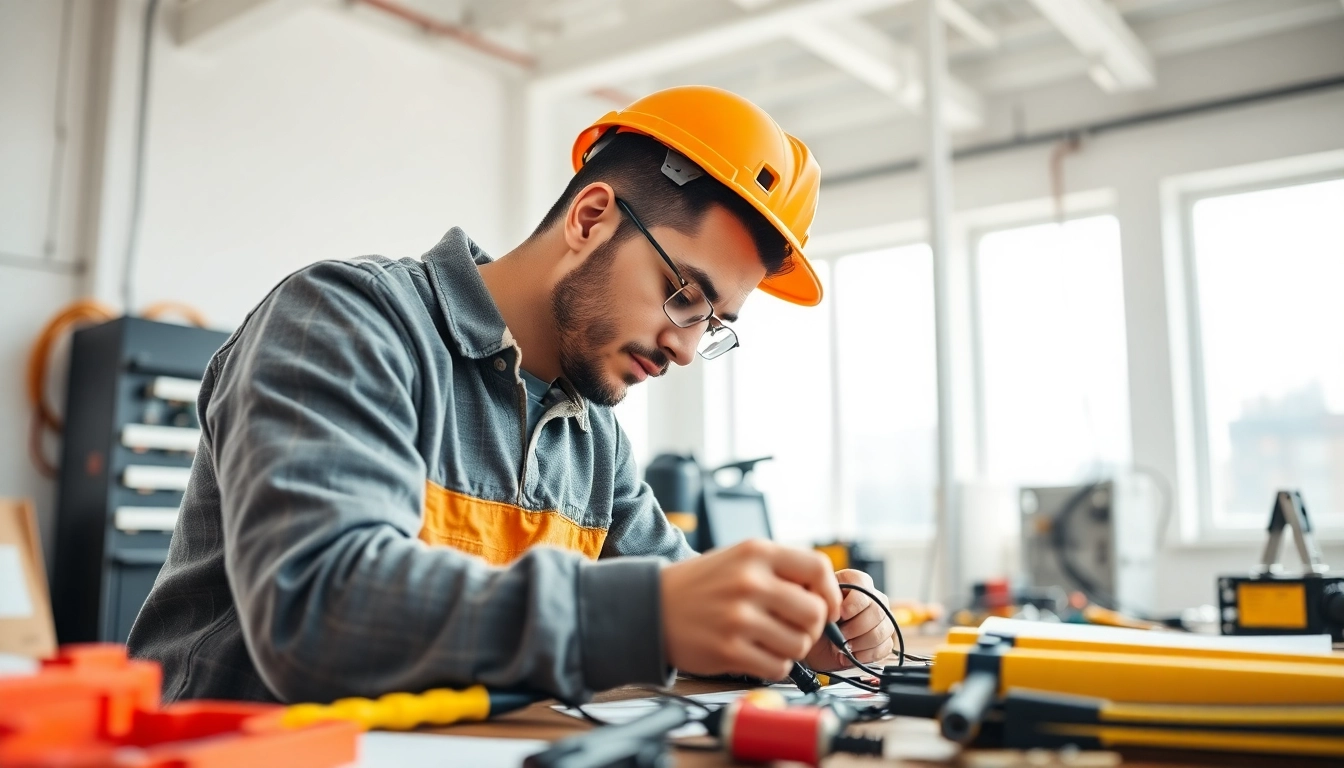 Engaged electrician apprenticeship hawaii in training with tools in a bright workshop.