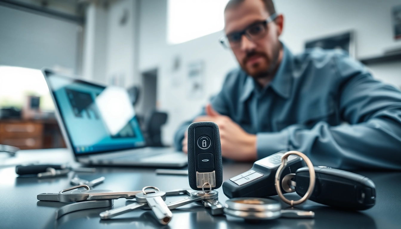 Replace car keys in an automotive workshop showcasing various keys and tools.