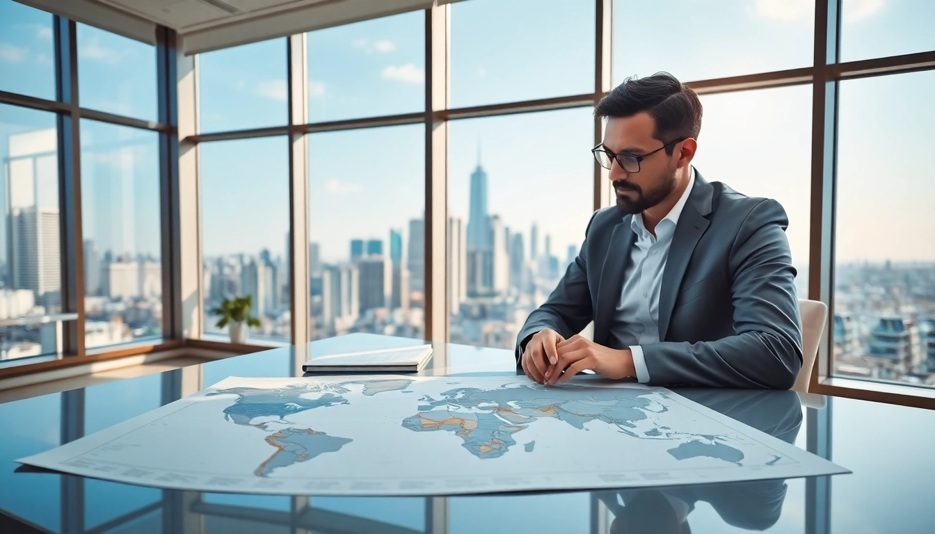 Analyze international real estate opportunities with a professional in a bright office setting.