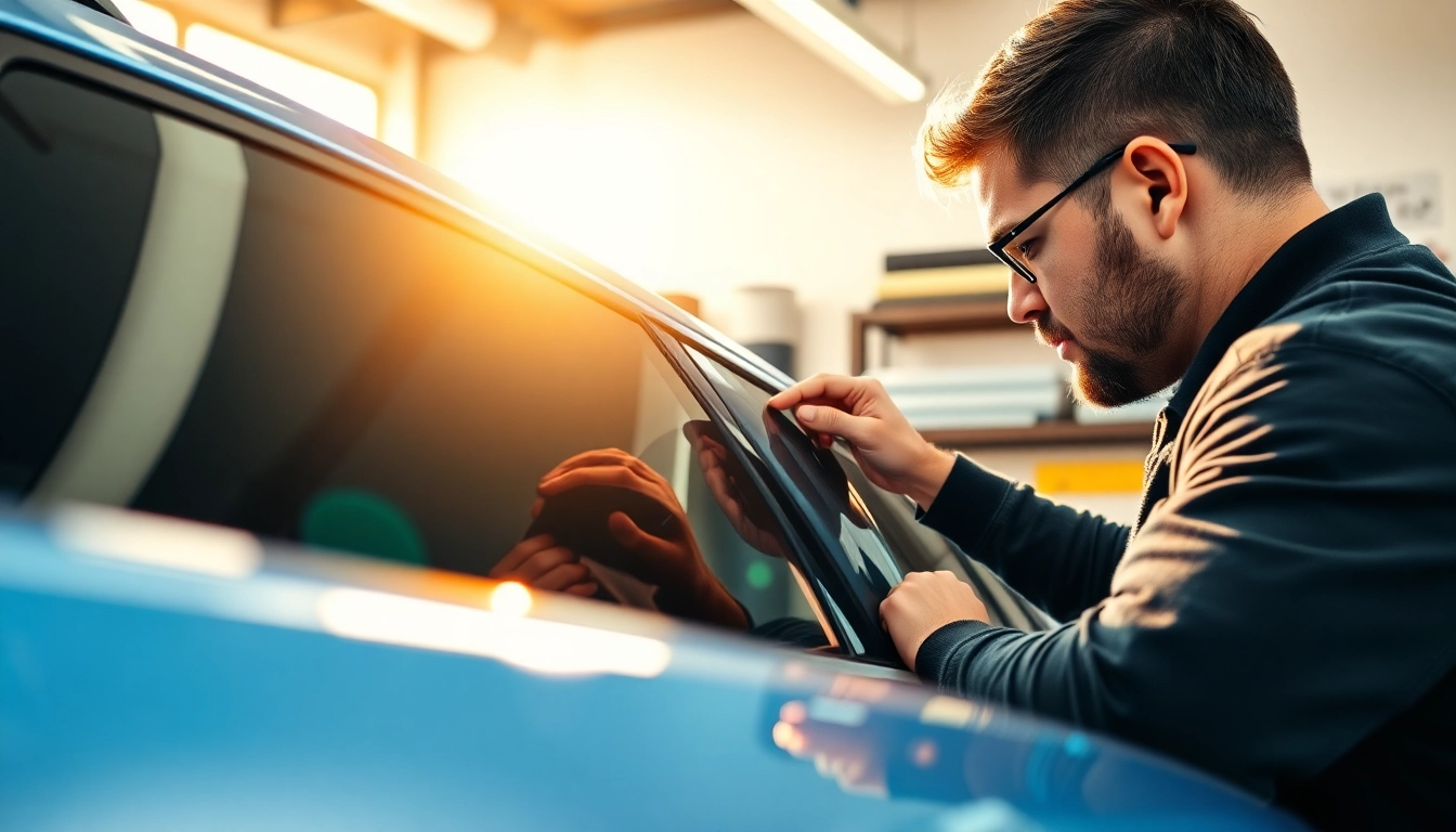 Experience the quality at the best tint shop near me with a skilled technician applying window tint.