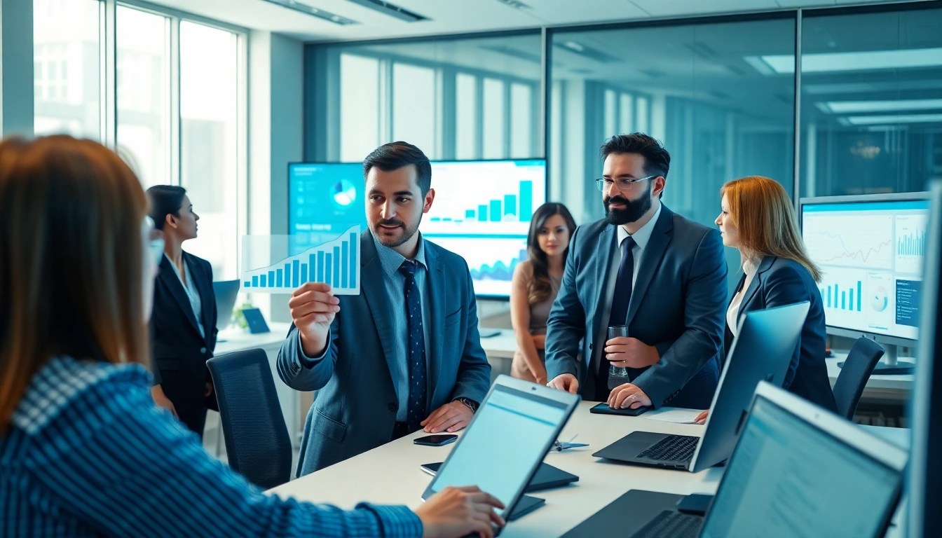 Analyze competitive intelligence insights with a diverse team in a modern office setting.