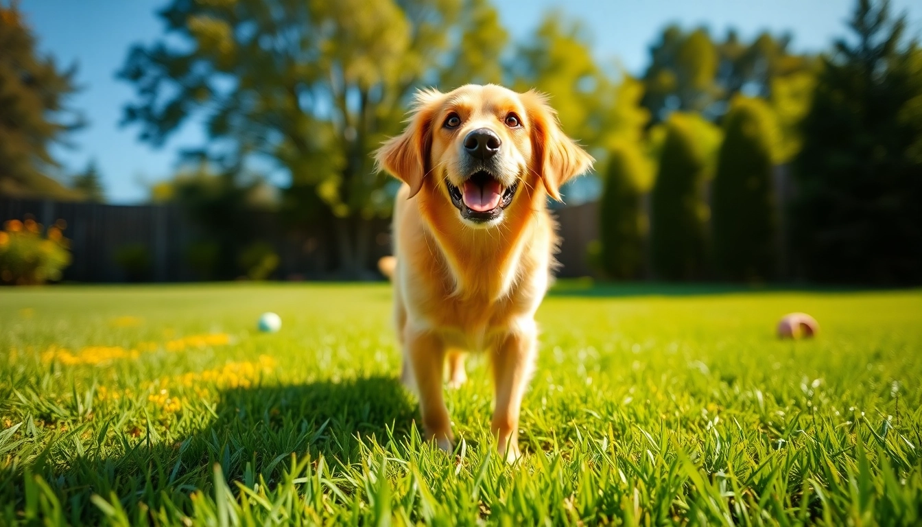 Addressing how dogs pee smells bad in a grassy backyard featuring a playful golden retriever.