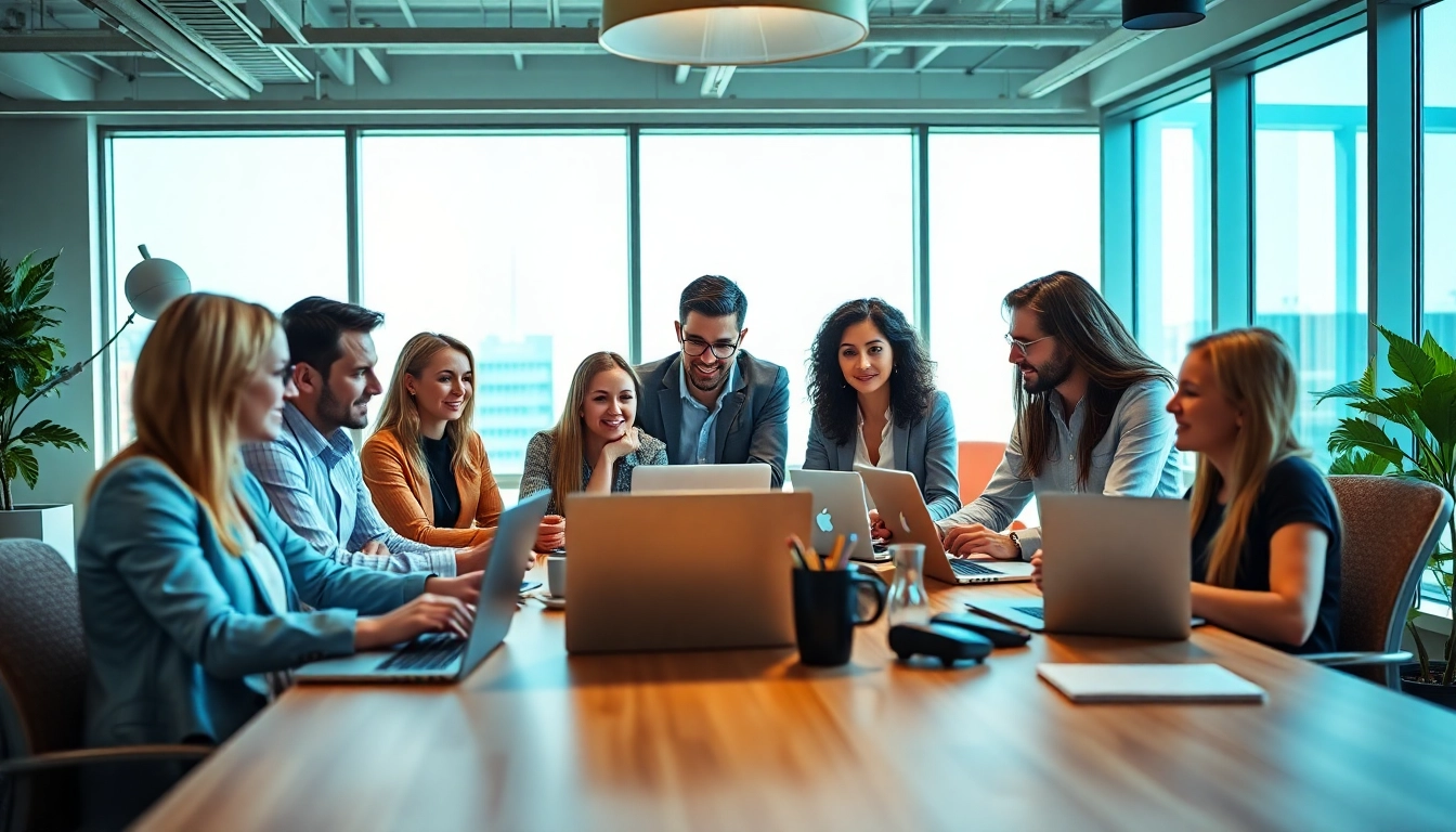 Social media marketing companies Edmonton team brainstorming strategies in a vibrant office.
