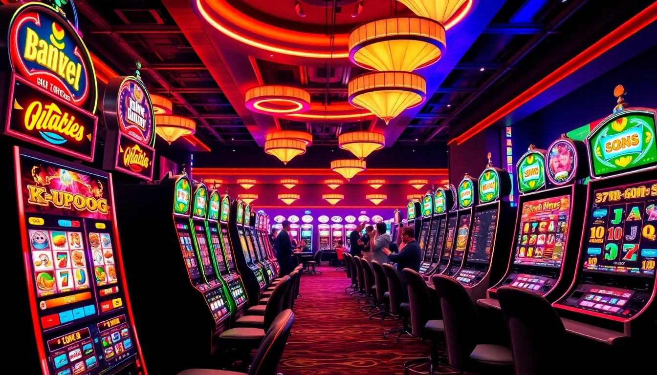 Mainkan game slot dengan beragam mesin slot warna-warni di pusat kasino yang cerah.