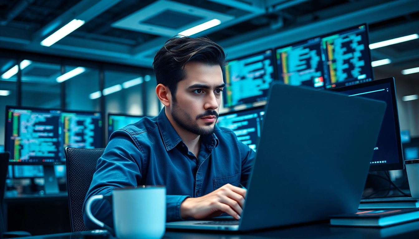 Ethical Hacking in einem modernen Büro mit einem fokussierten Hacker, der an einem Laptop arbeitet.