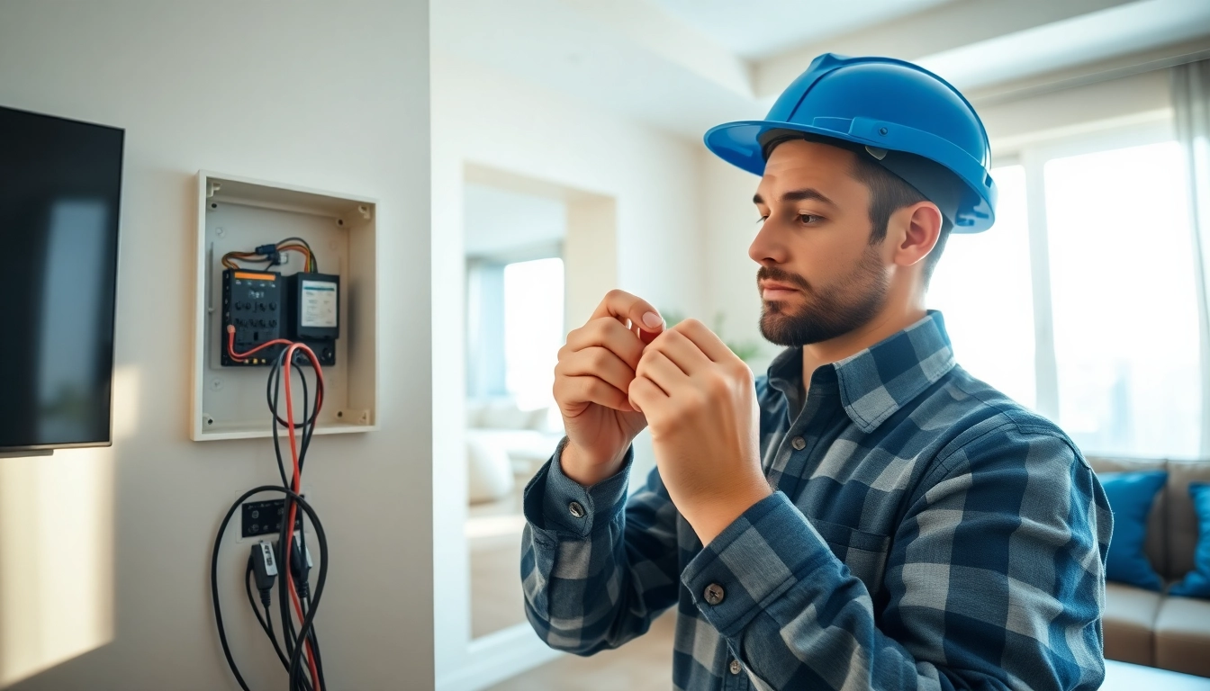 Electrician performing electrical service installation in a modern home environment.