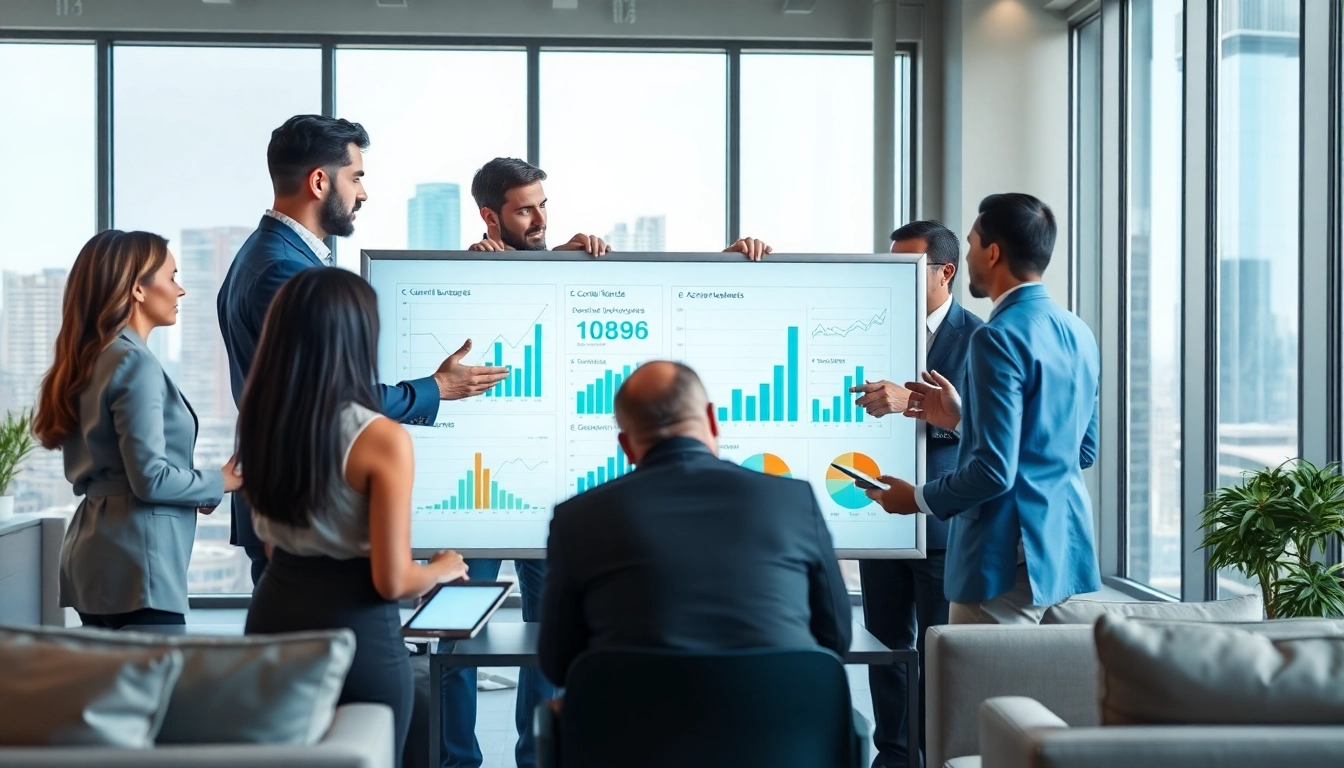 Analyze business trends with a diverse team in a modern office setting.
