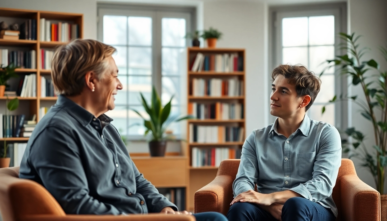 Engaged attachment theory coach facilitating a session with a client in a warm, inviting office.