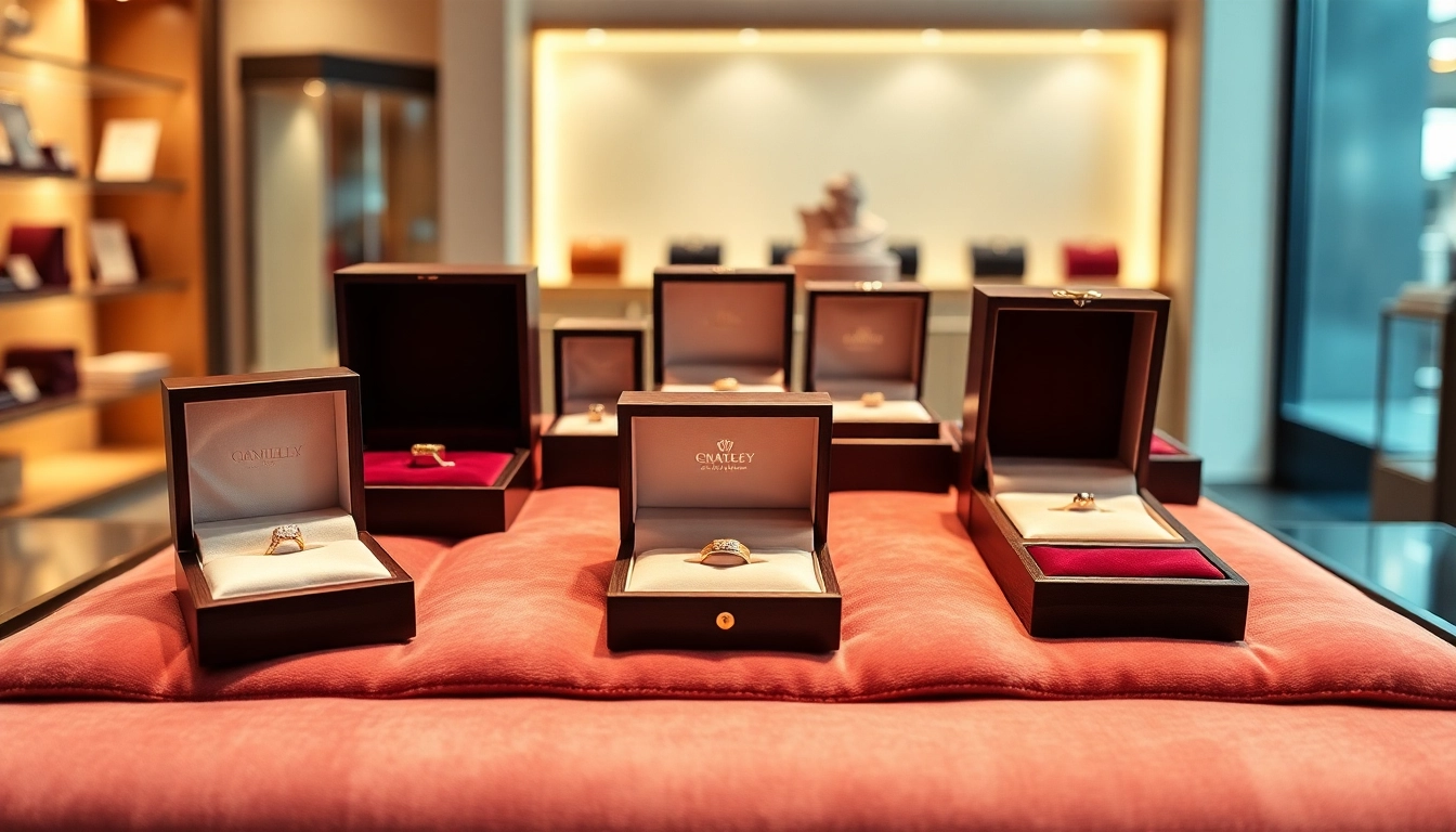 Showcase of elegant jewelry boxes highlighting intricate designs and luxurious materials.