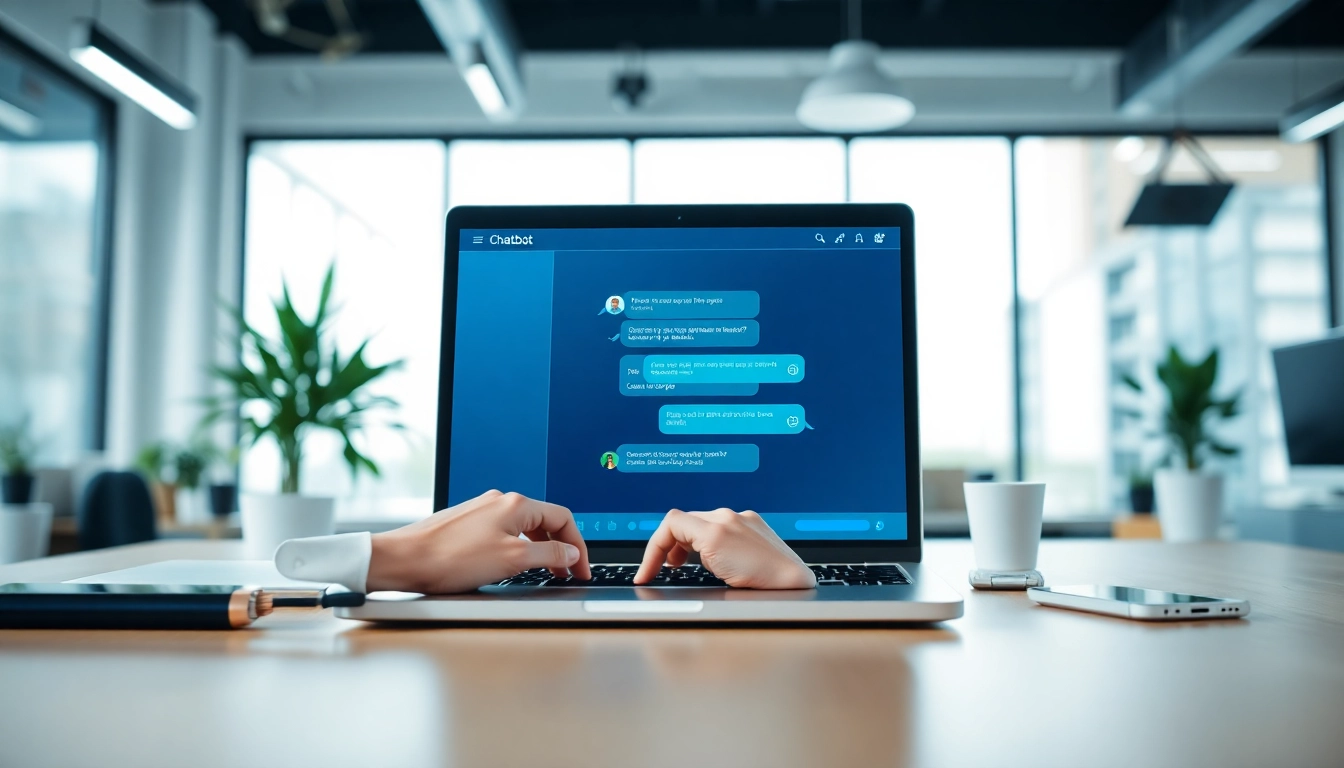 User interacting with a website chatbot on a laptop, showcasing live chat support features.