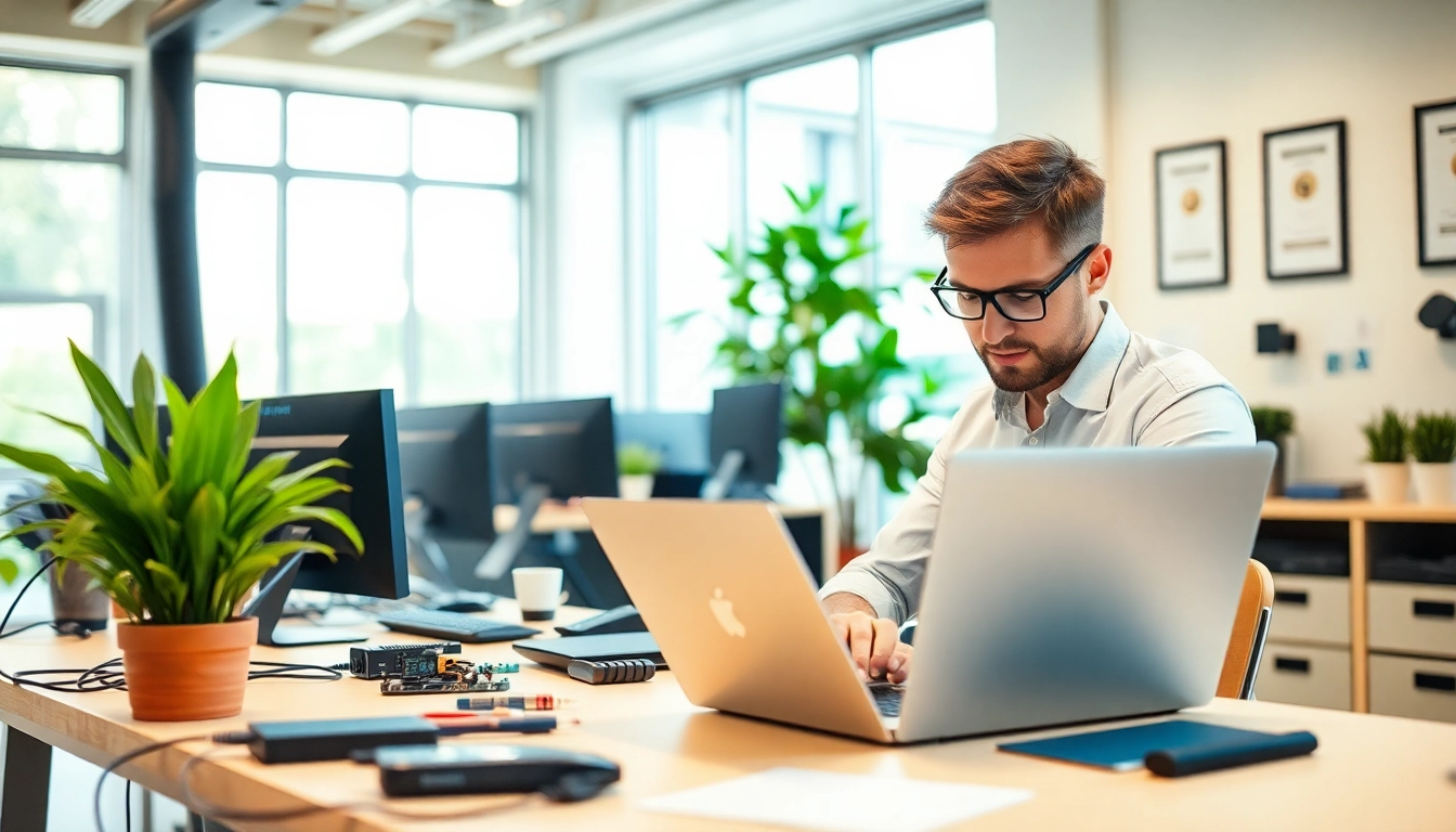 Providing expert computer services, a technician repairs a laptop in a bright office.