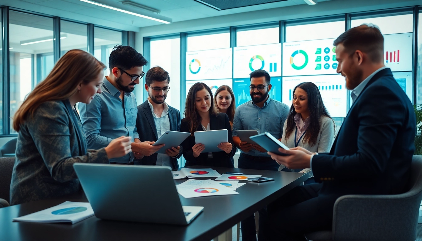 Analyze competitive intelligence data with a diverse team in a modern office setting.
