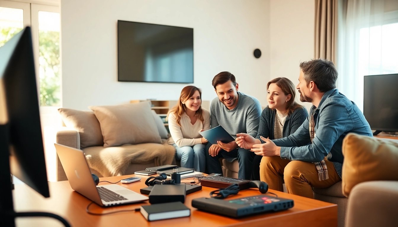 Residential IT support technician providing help to a family in a cozy living room.