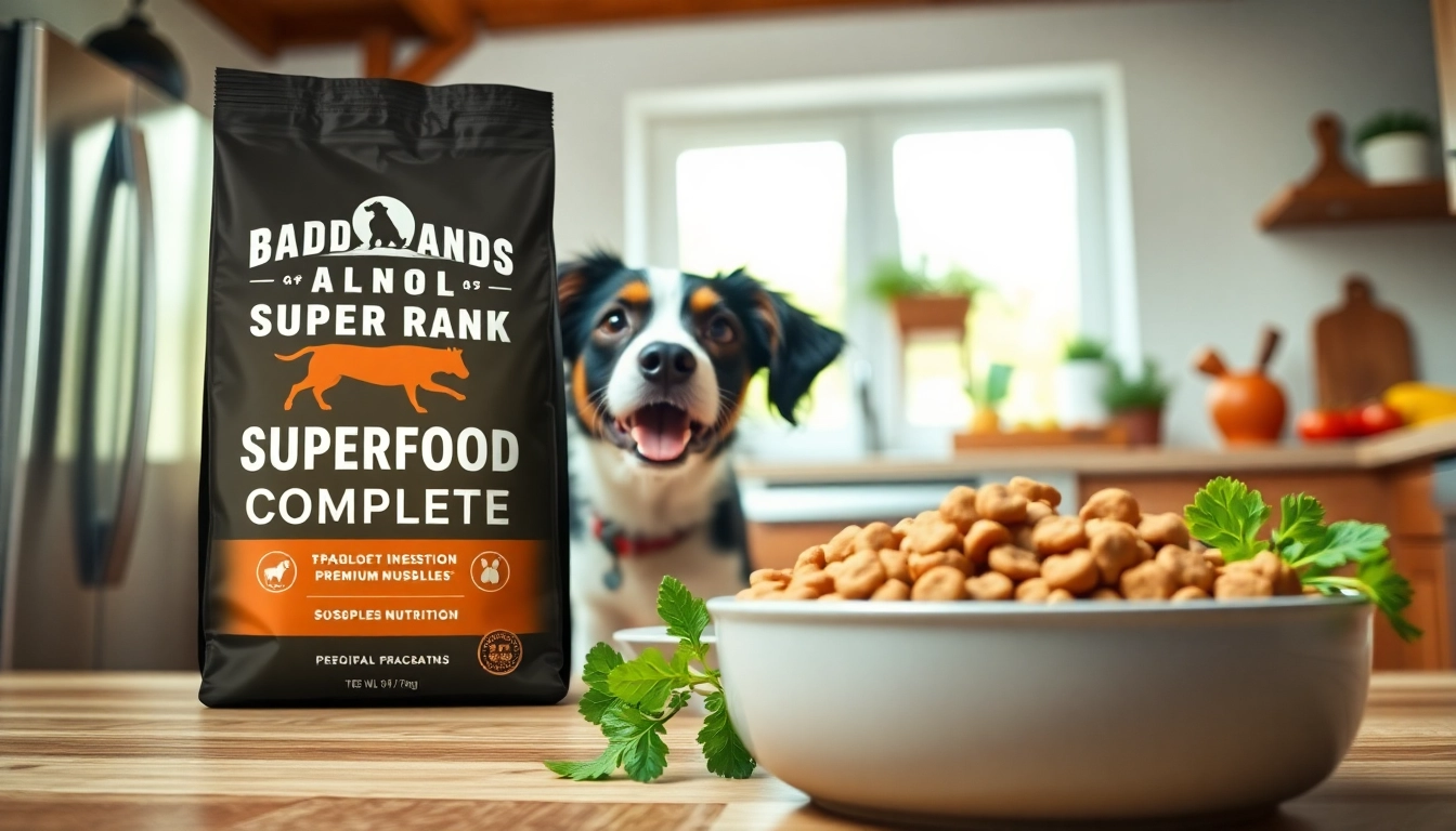 Showcase of badlands ranch superfood complete dog food in a vibrant kitchen with a playful dog.