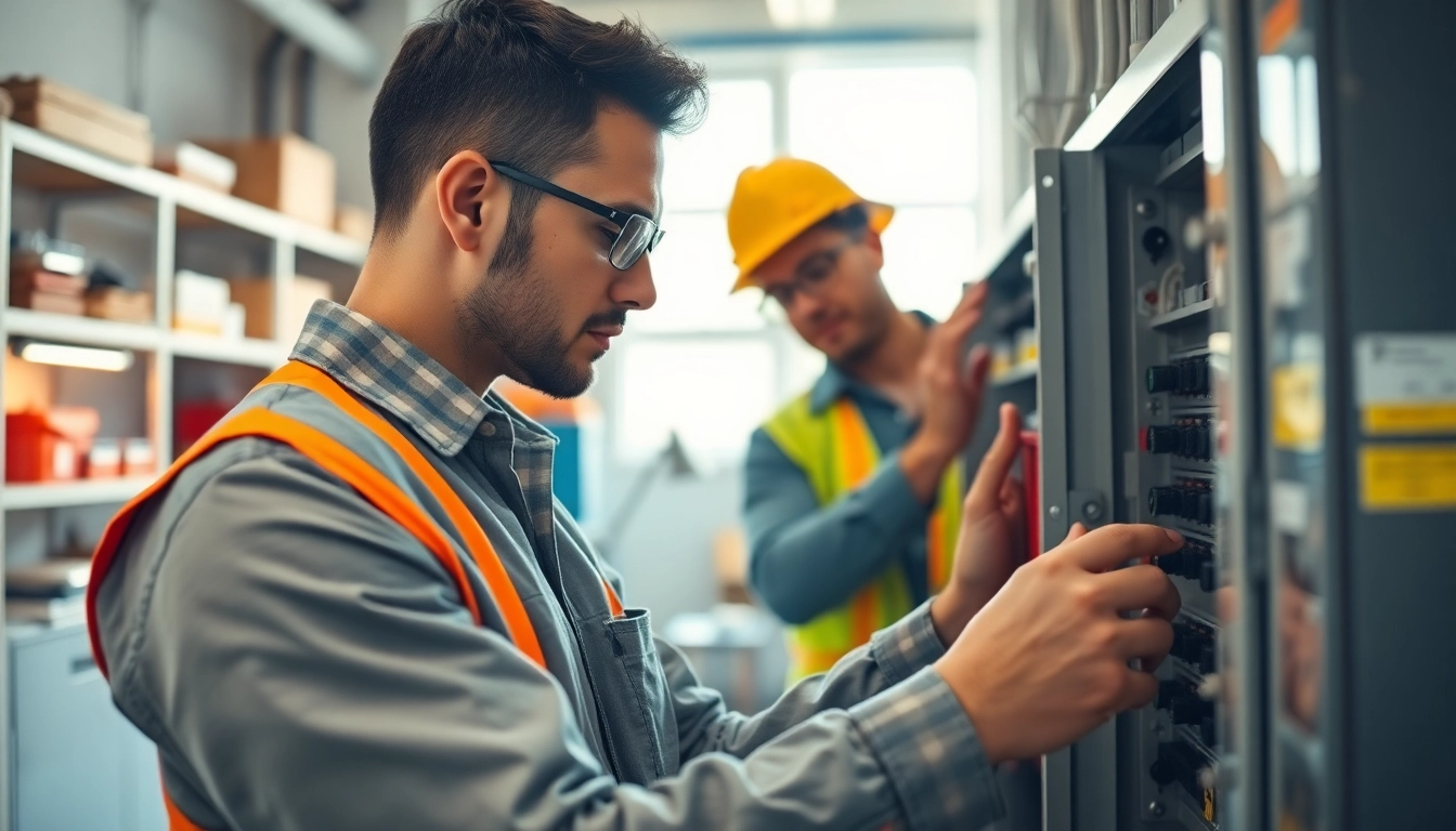 Electrical Contractor inspecting a circuit panel in a bright workshop environment.