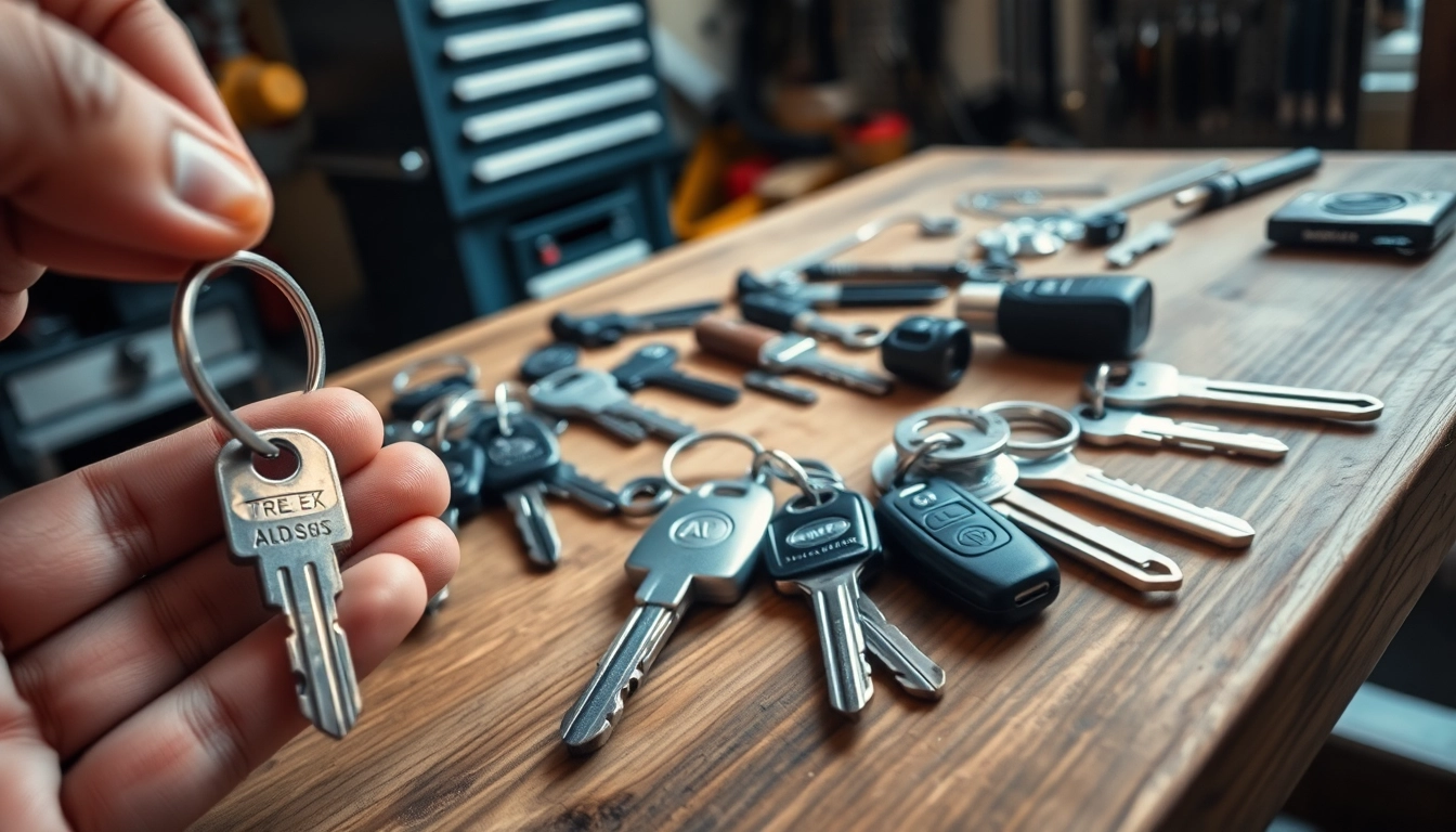 Inspecting various van keys on a workshop bench with tools and equipment in the background.
