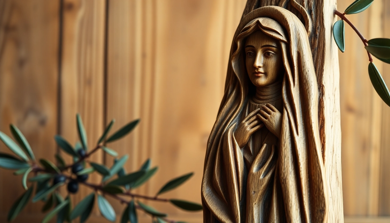 Admire the intricate olive wood carvings showcasing a religious figure artistically crafted from high-quality wood.