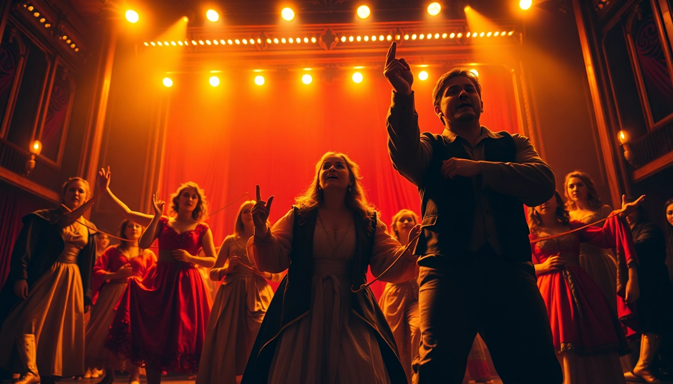 Actors performing passionately at the firelight theater under warm stage lights.