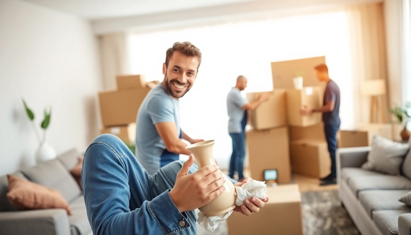 Trusted movers Toronto team efficiently packing boxes in a bright, welcoming living room.