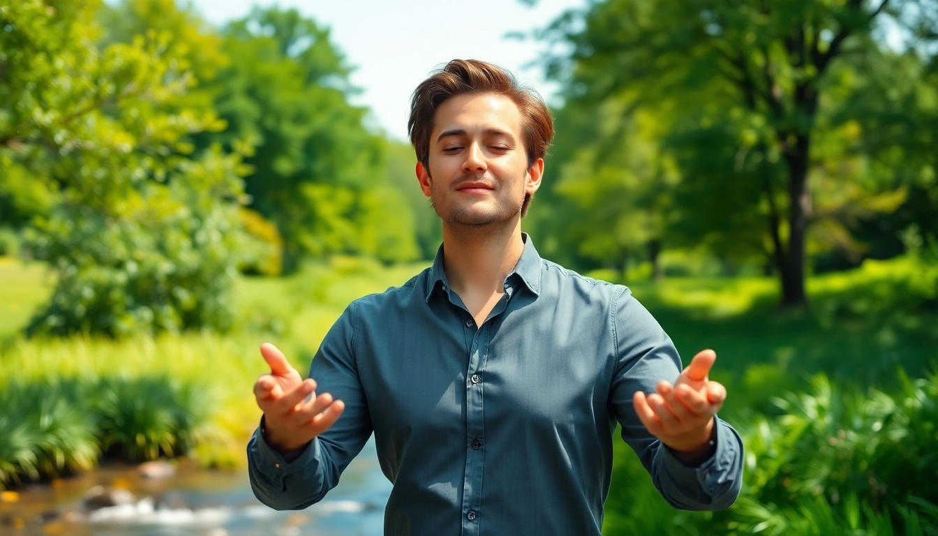 Coaching on dealing with stress in a serene natural setting, emphasizing relaxation techniques.