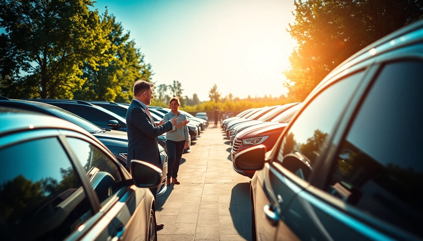 Skup samochodów Poznań w profesjonalnym dealerze z uśmiechniętymi klientami i różnymi pojazdami na wystawie.