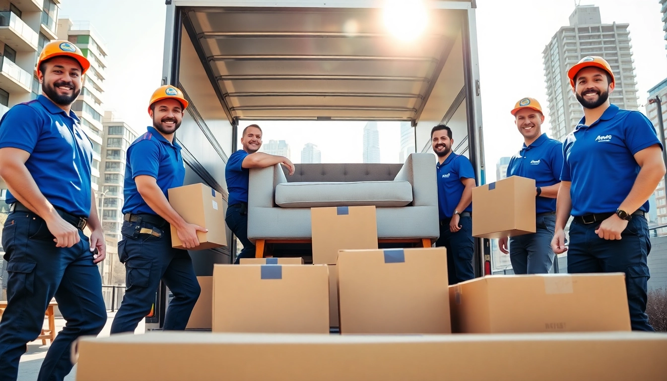 Best Toronto movers loading furniture and boxes into a truck in a bright urban setting.
