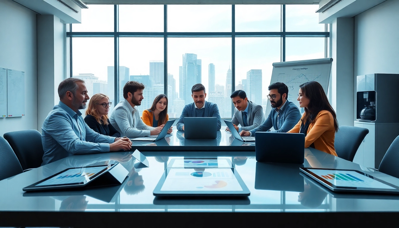 Analyze competitive intelligence strategies in a professional office setting during a collaborative meeting.