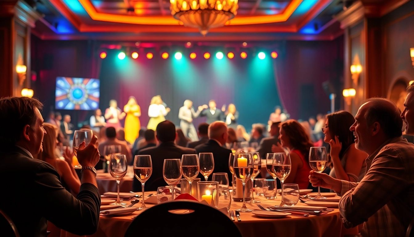 Experience a lively dinner theater las vegas with performers, guests enjoying gourmet meals.